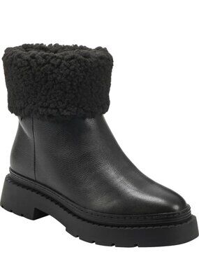 Marc Fisher LTD Vina Leather Boots Faux Fur Lug Sole Booties Black Size 8 NEW